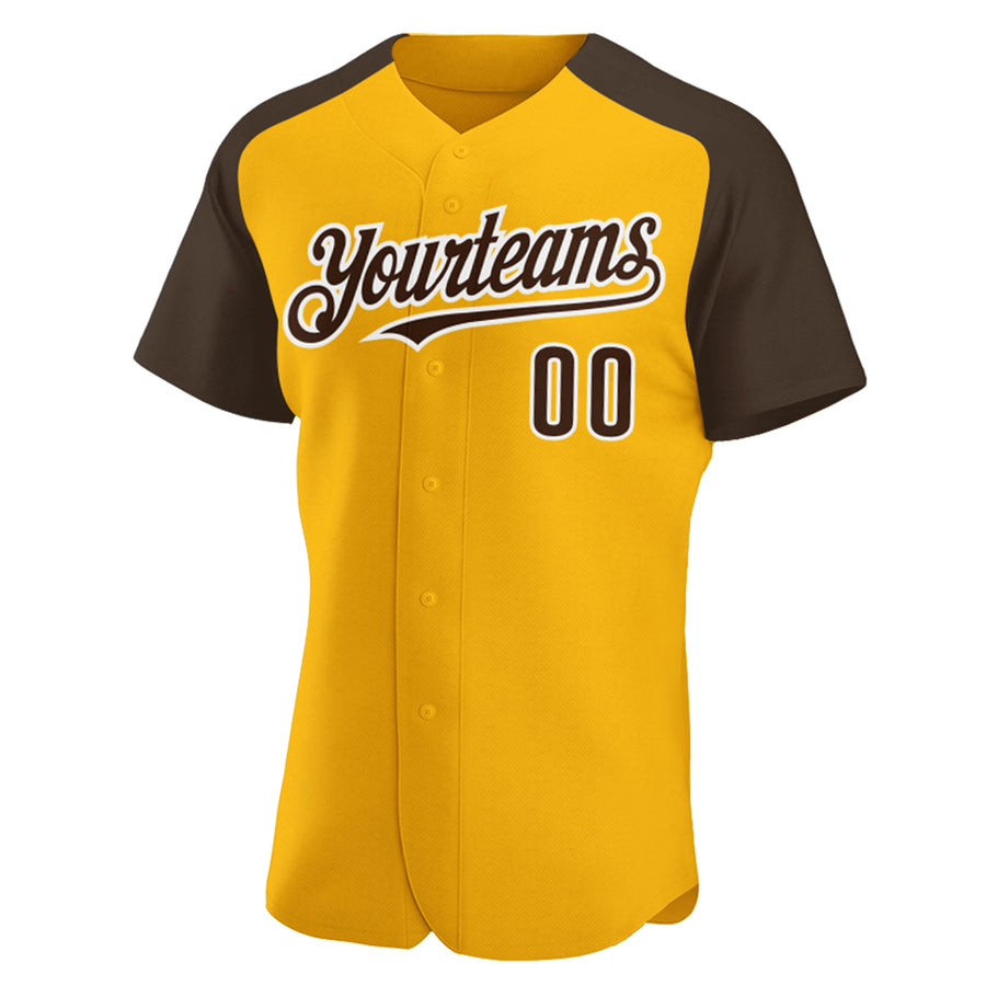 Custom Gold Brown-White Authentic Raglan Sleeves Baseball Jersey