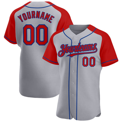 Custom Gray Red-Royal Authentic Raglan Sleeves Baseball Jersey