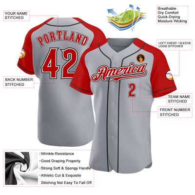 Custom Gray Red-Black Authentic Raglan Sleeves Baseball Jersey