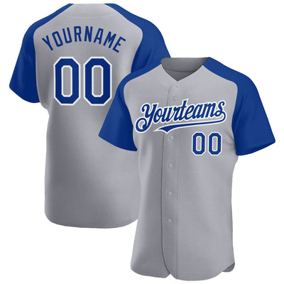 Custom Gray Royal-White Authentic Raglan Sleeves Baseball Jersey