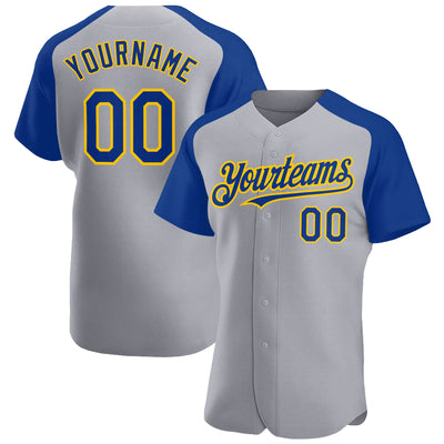 Custom Gray Royal-Yellow Authentic Raglan Sleeves Baseball Jersey