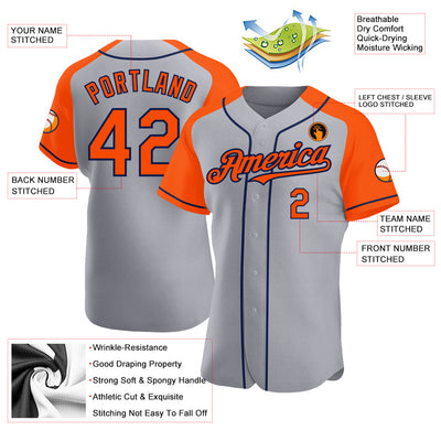 Custom Gray Orange-Navy Authentic Raglan Sleeves Baseball Jersey