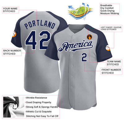 Custom Gray Navy-White Authentic Raglan Sleeves Baseball Jersey