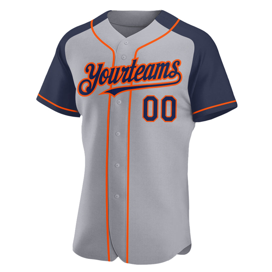 Custom Gray Navy-Orange Authentic Raglan Sleeves Baseball Jersey