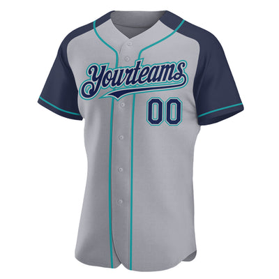 Custom Gray Navy-Teal Authentic Raglan Sleeves Baseball Jersey