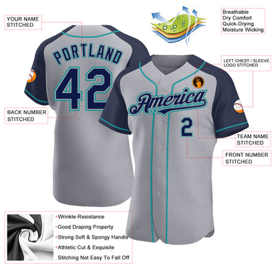 Custom Gray Navy-Teal Authentic Raglan Sleeves Baseball Jersey