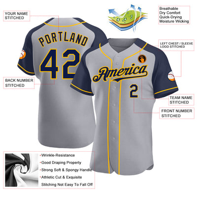 Custom Gray Navy-Gold Authentic Raglan Sleeves Baseball Jersey