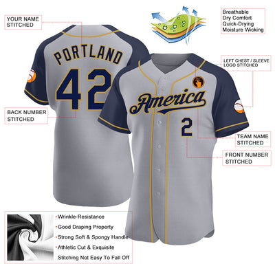 Custom Gray Navy-Old Gold Authentic Raglan Sleeves Baseball Jersey