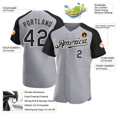 Custom Gray Black-White Authentic Raglan Sleeves Baseball Jersey