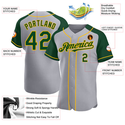 Custom Gray Green-Gold Authentic Raglan Sleeves Baseball Jersey