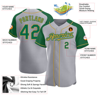 Custom Gray Kelly Green-Old Gold Authentic Raglan Sleeves Baseball Jersey