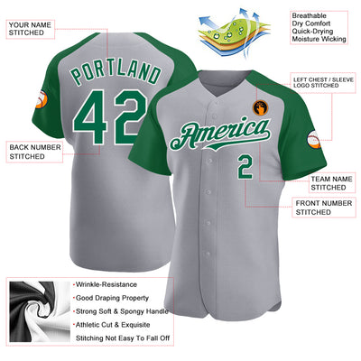 Custom Gray Kelly Green-White Authentic Raglan Sleeves Baseball Jersey