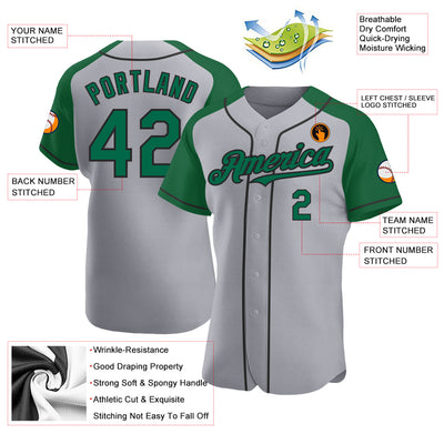 Custom Gray Kelly Green-Black Authentic Raglan Sleeves Baseball Jersey