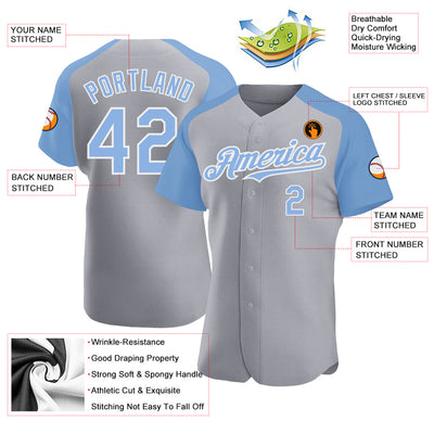 Custom Gray Light Blue-White Authentic Raglan Sleeves Baseball Jersey