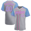 Custom Gray Light Blue-Pink Authentic Raglan Sleeves Baseball Jersey