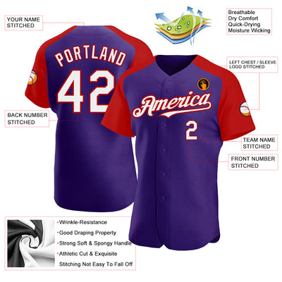 Custom Purple White-Red Authentic Raglan Sleeves Baseball Jersey