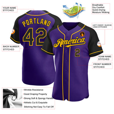 Custom Purple Black-Gold Authentic Raglan Sleeves Baseball Jersey