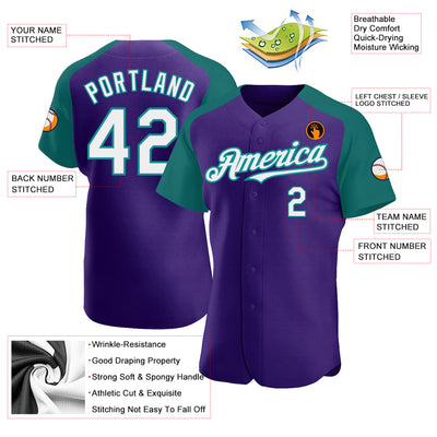 Custom Purple White-Teal Authentic Raglan Sleeves Baseball Jersey