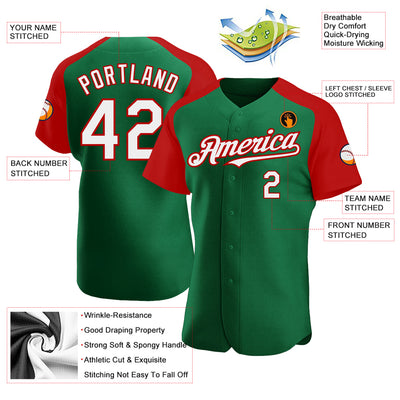 Custom Kelly Green White-Red Authentic Raglan Sleeves Baseball Jersey