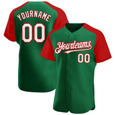 Custom Kelly Green White-Red Authentic Raglan Sleeves Baseball Jersey