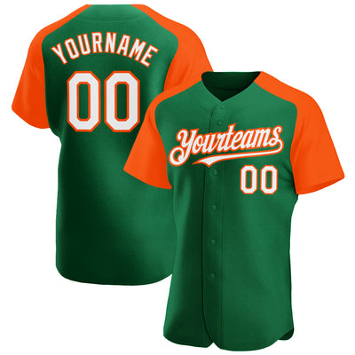 Custom Kelly Green White-Orange Authentic Raglan Sleeves Baseball Jersey