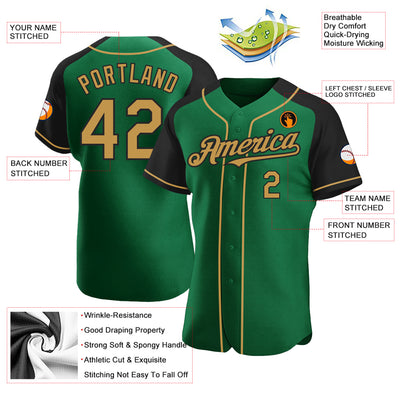 Custom Kelly Green Old Gold-Black Authentic Raglan Sleeves Baseball Jersey