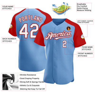 Custom Light Blue White-Red Authentic Raglan Sleeves Baseball Jersey