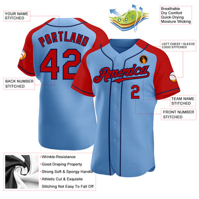 Custom Light Blue Red-Navy Authentic Raglan Sleeves Baseball Jersey