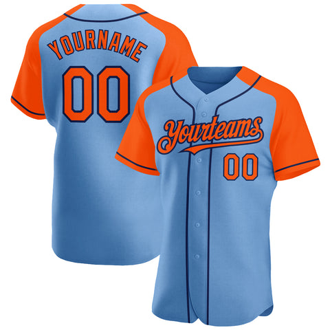 Custom Raglan Sleeves Baseball Jersey Light Blue Orange-Navy Authentic ...