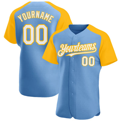 Custom Light Blue White-Gold Authentic Raglan Sleeves Baseball Jersey