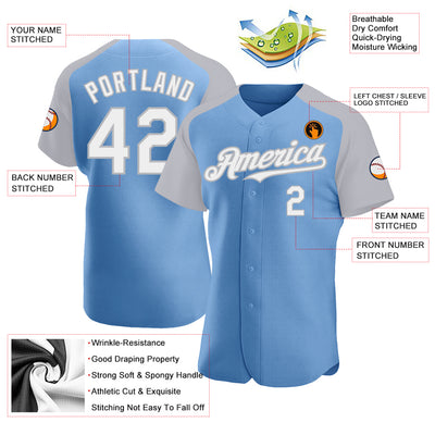 Custom Light Blue White-Gray Authentic Raglan Sleeves Baseball Jersey