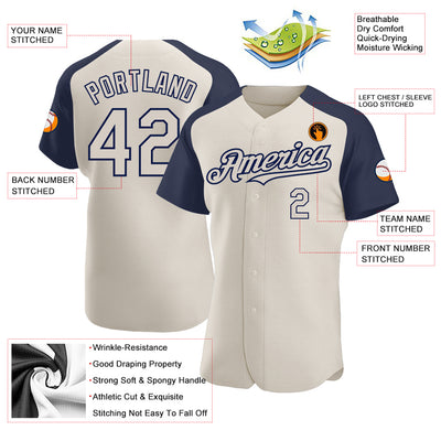 Custom Cream Navy Authentic Raglan Sleeves Baseball Jersey