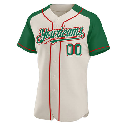 Custom Cream Kelly Green-Red Authentic Raglan Sleeves Baseball Jersey