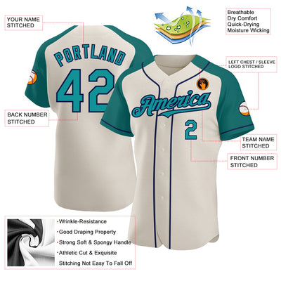 Custom Cream Teal-Navy Authentic Raglan Sleeves Baseball Jersey