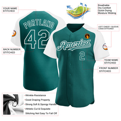 Custom Teal White Authentic Raglan Sleeves Baseball Jersey