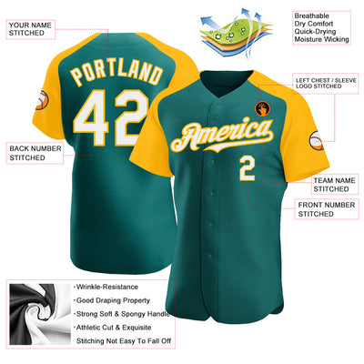 Custom Teal White-Gold Authentic Raglan Sleeves Baseball Jersey