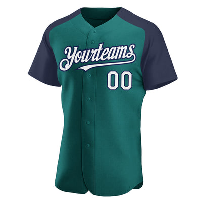 Custom Teal White-Navy Authentic Raglan Sleeves Baseball Jersey