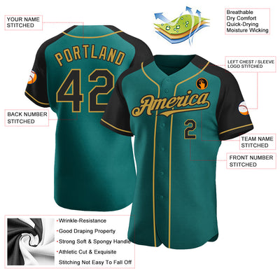 Custom Teal Black-Old Gold Authentic Raglan Sleeves Baseball Jersey