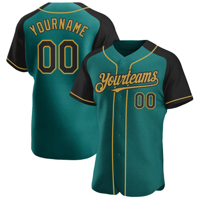 Custom Teal Black-Old Gold Authentic Raglan Sleeves Baseball Jersey