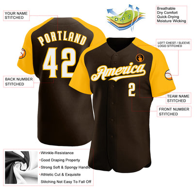 Custom Brown White-Gold Authentic Raglan Sleeves Baseball Jersey