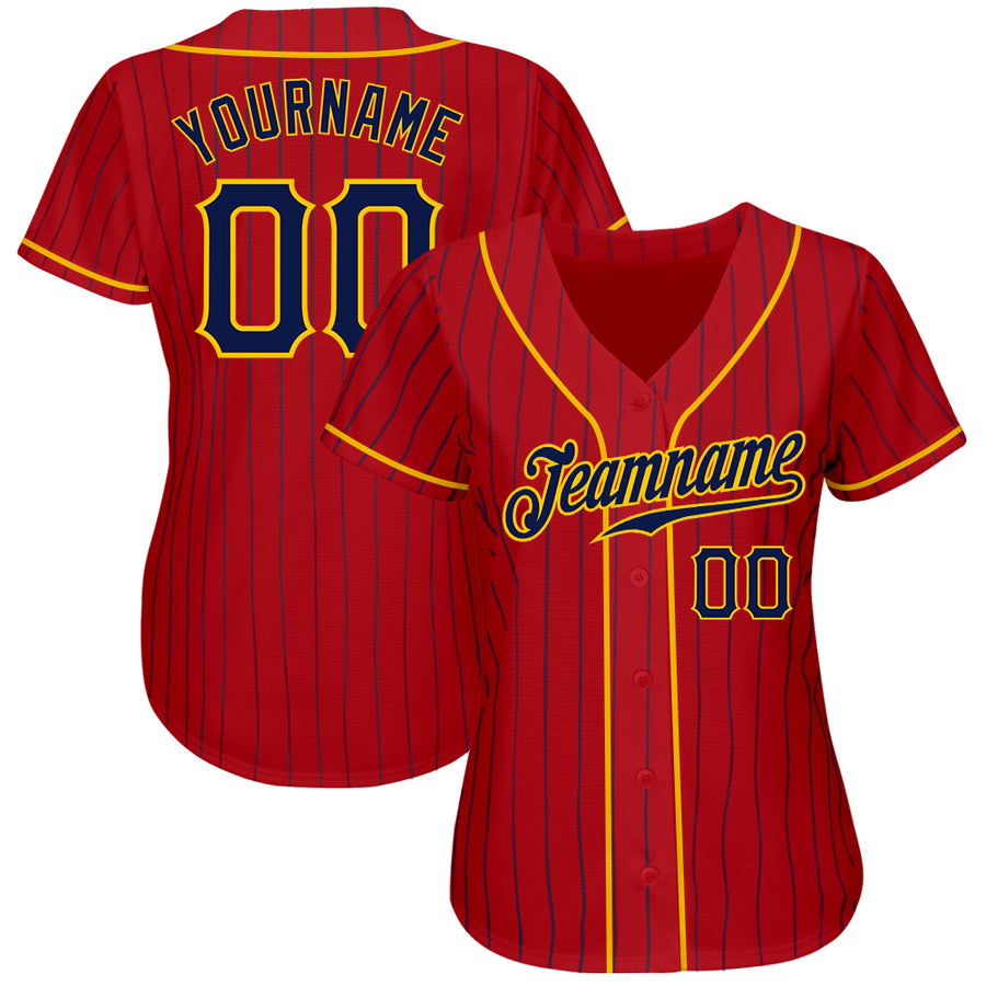 Custom Red Navy Pinstripe Navy-Gold Authentic Baseball Jersey