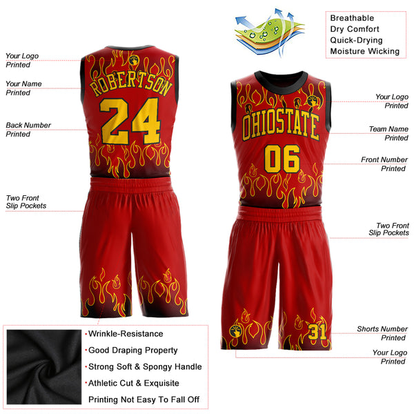 Custom Red Gold-Black Flame Round Neck Sublimation Basketball Suit Jersey  Discount