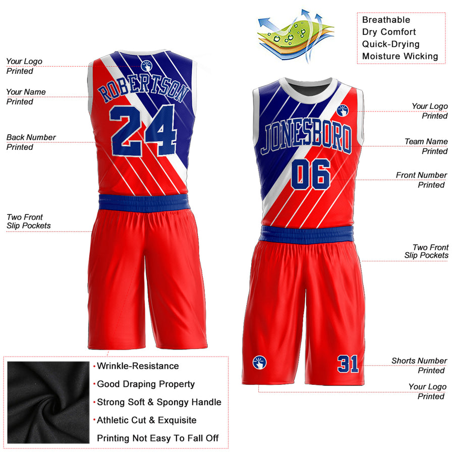 Custom Red Royal-White Round Neck Sublimation Basketball Suit Jersey