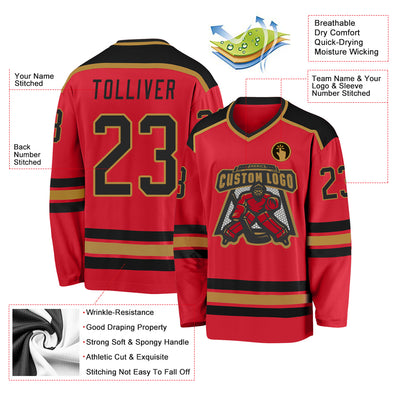 Custom Red Black-Old Gold Hockey Jersey