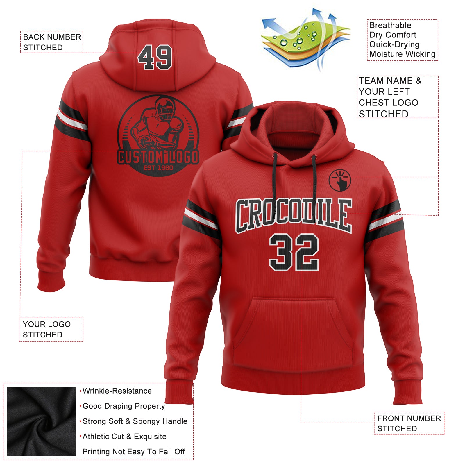 Custom Stitched Red Black-White Football Pullover Sweatshirt Hoodie