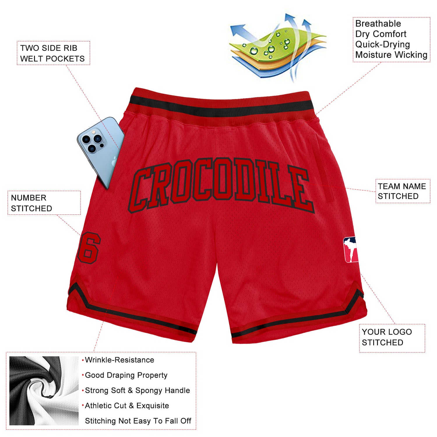 Custom Red Red-Black Authentic Throwback Basketball Shorts