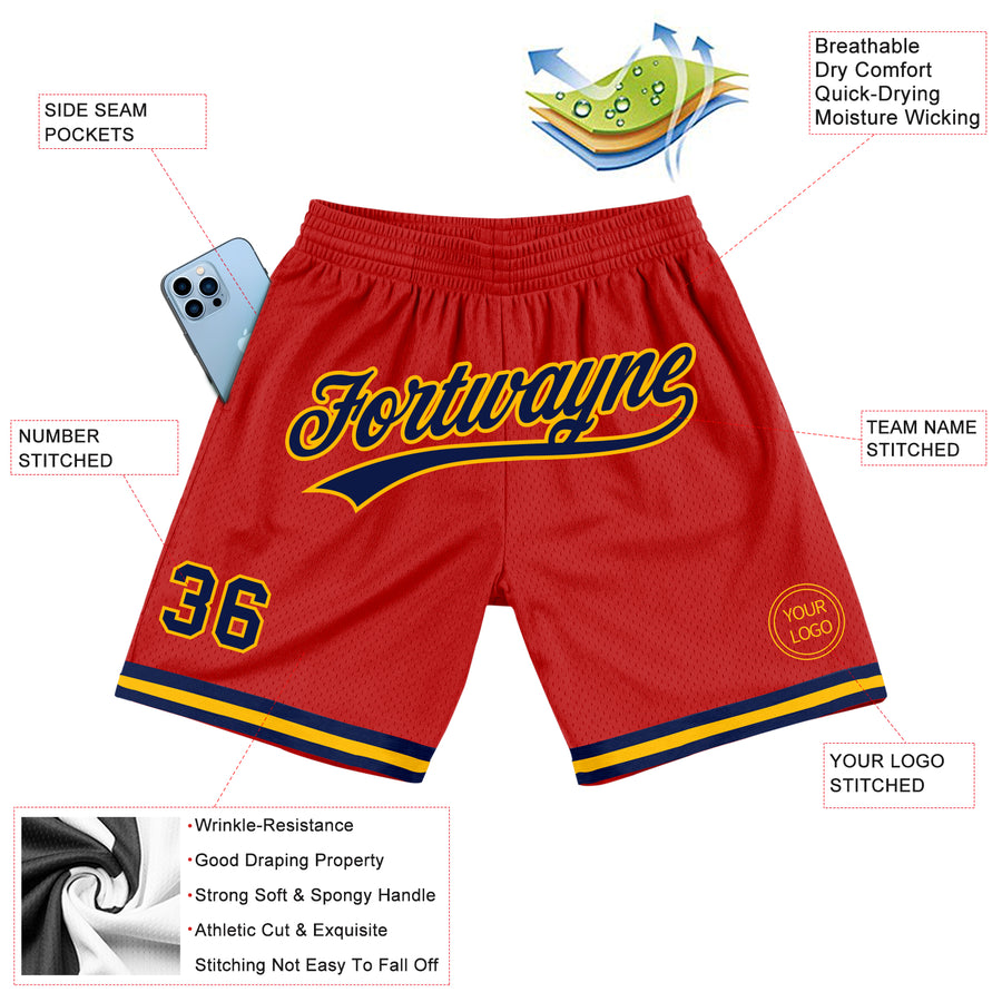 Custom Red Navy-Gold Authentic Throwback Basketball Shorts