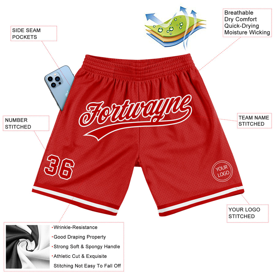 Custom Red White Authentic Throwback Basketball Shorts