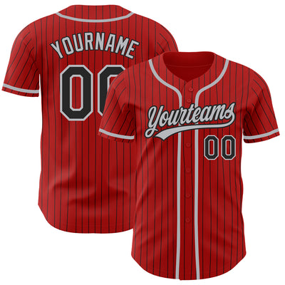 Custom Red Black Pinstripe Gray Authentic Baseball Jersey