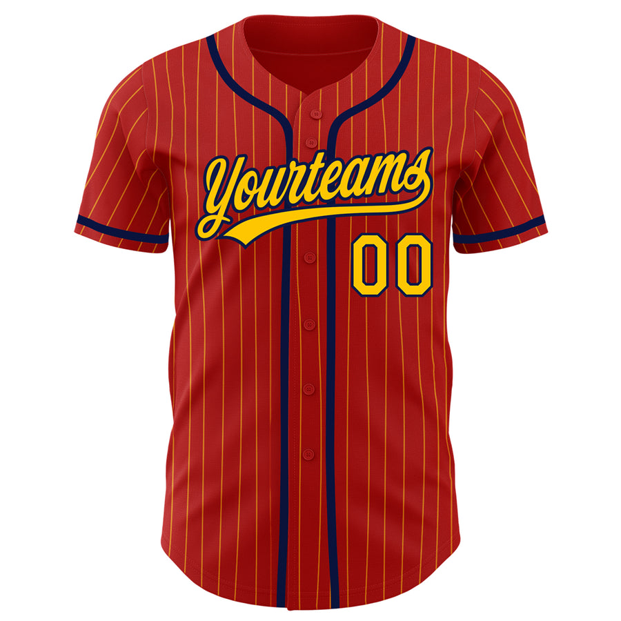 Custom Red Yellow Pinstripe Navy Authentic Baseball Jersey